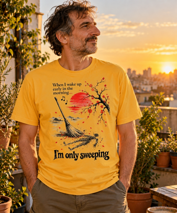 im-only-sweeping-japanese-ink-art-tshirt-ap21 I'm Only Sweeping AP21 graphic T-shirt featuring a Japanese ink-style broom, human-shaped dust silhouette, red sun, cherry blossoms and musical notes on a cream background.